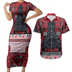 Aotearoa Iwi Te ati Awa Couples Matching Short Sleeve Bodycon Dress and Hawaiian Shirt Maori Wharenui House Tribal Pattern