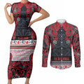 Aotearoa Iwi Te ati Awa Couples Matching Short Sleeve Bodycon Dress and Long Sleeve Button Shirt Maori Wharenui House Tribal Pattern