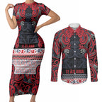 Aotearoa Iwi Te ati Awa Couples Matching Short Sleeve Bodycon Dress and Long Sleeve Button Shirt Maori Wharenui House Tribal Pattern