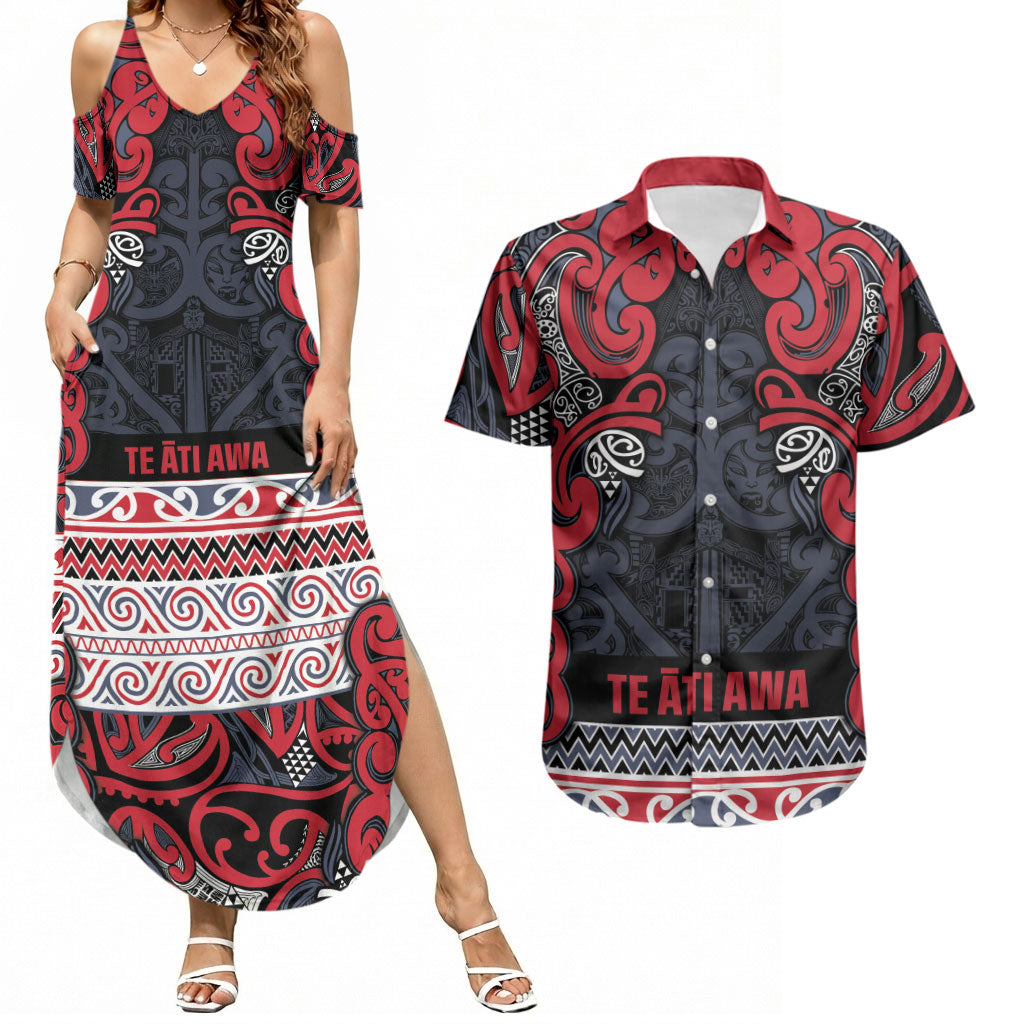 Aotearoa Iwi Te ati Awa Couples Matching Summer Maxi Dress and Hawaiian Shirt Maori Wharenui House Tribal Pattern