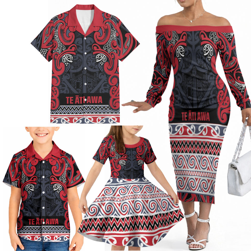 Aotearoa Iwi Te ati Awa Family Matching Off The Shoulder Long Sleeve Dress and Hawaiian Shirt Maori Wharenui House Tribal Pattern
