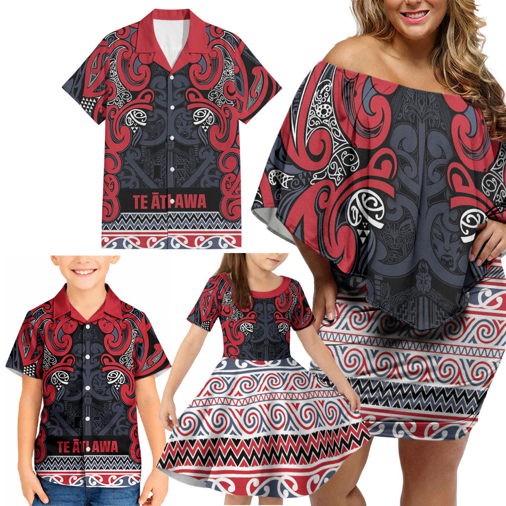 Aotearoa Iwi Te ati Awa Family Matching Off Shoulder Short Dress and Hawaiian Shirt Maori Wharenui House Tribal Pattern