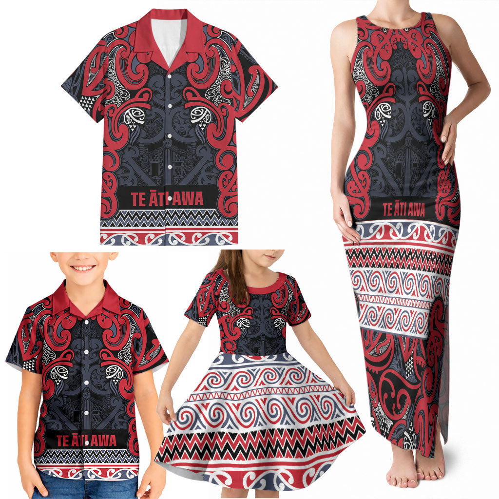 Aotearoa Iwi Te ati Awa Family Matching Tank Maxi Dress and Hawaiian Shirt Maori Wharenui House Tribal Pattern