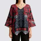Aotearoa Iwi Te ati Awa Kimono Sleeve Blouse Maori Wharenui House Tribal Pattern
