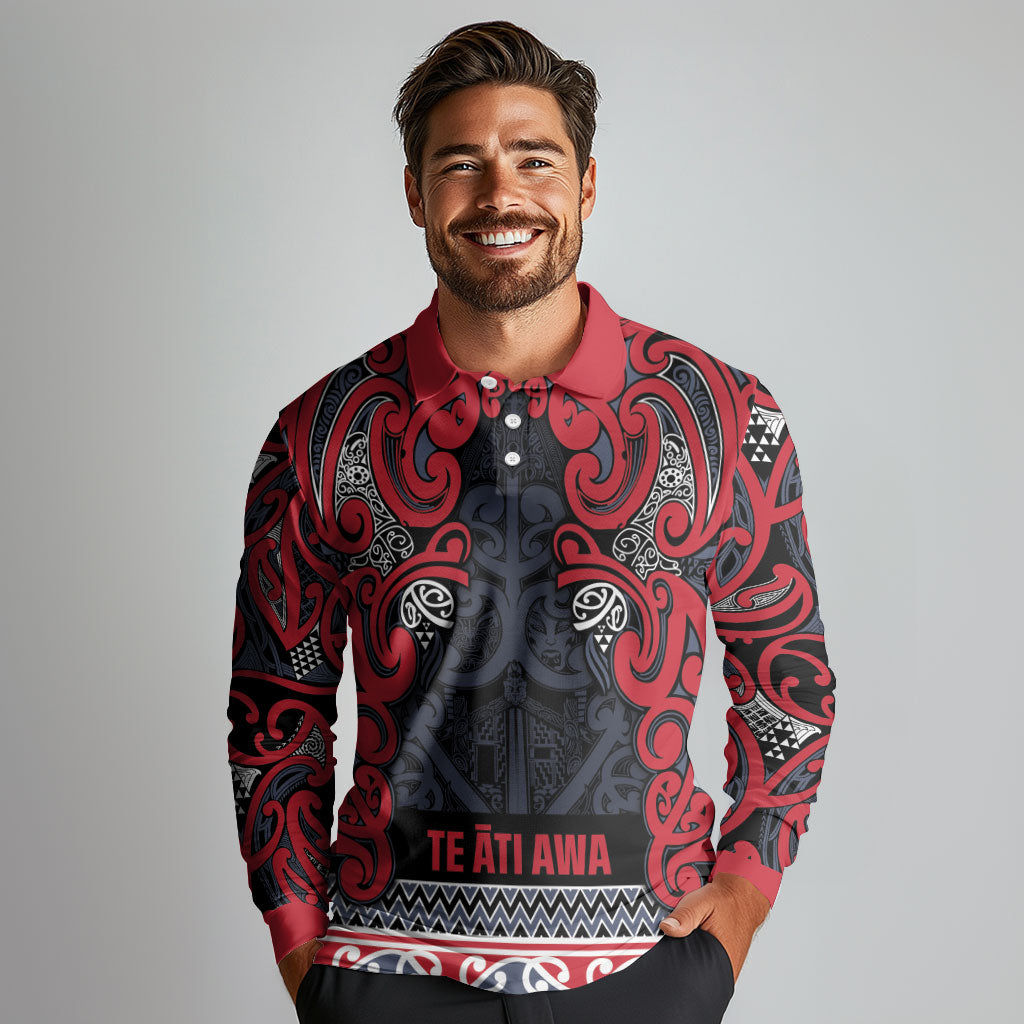 Aotearoa Iwi Te ati Awa Long Sleeve Polo Shirt Maori Wharenui House Tribal Pattern