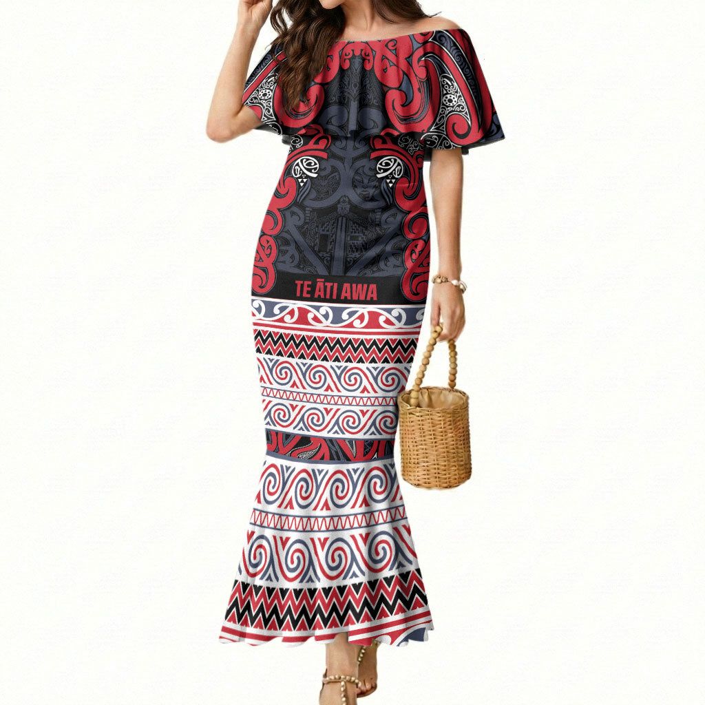 Aotearoa Iwi Te ati Awa Mermaid Dress Maori Wharenui House Tribal Pattern