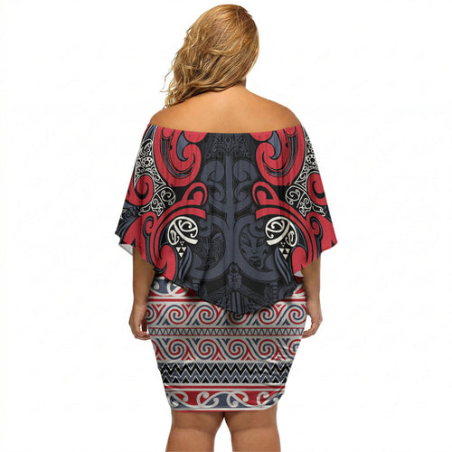 Aotearoa Iwi Te ati Awa Off Shoulder Short Dress Maori Wharenui House Tribal Pattern
