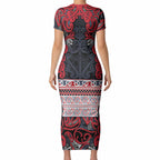 Aotearoa Iwi Te ati Awa Short Sleeve Bodycon Dress Maori Wharenui House Tribal Pattern