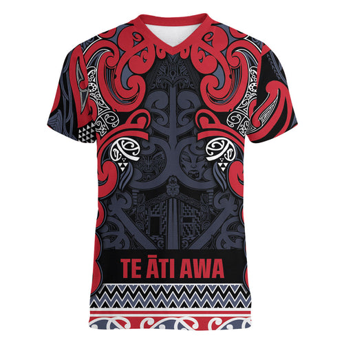 Aotearoa Iwi Te ati Awa Women V-Neck T-Shirt Maori Wharenui House Tribal Pattern
