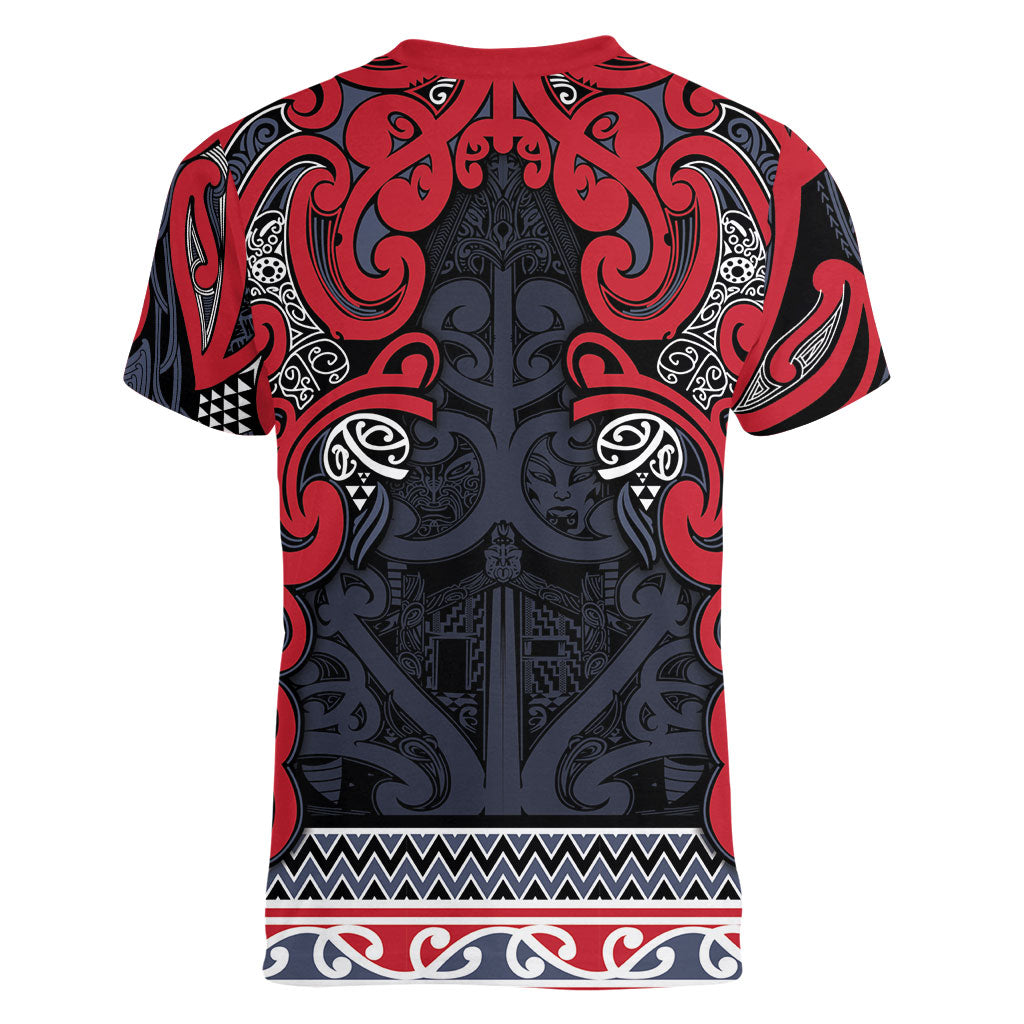 Aotearoa Iwi Te ati Awa Women V-Neck T-Shirt Maori Wharenui House Tribal Pattern