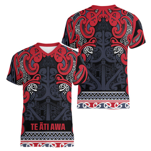 Aotearoa Iwi Te ati Awa Women V-Neck T-Shirt Maori Wharenui House Tribal Pattern