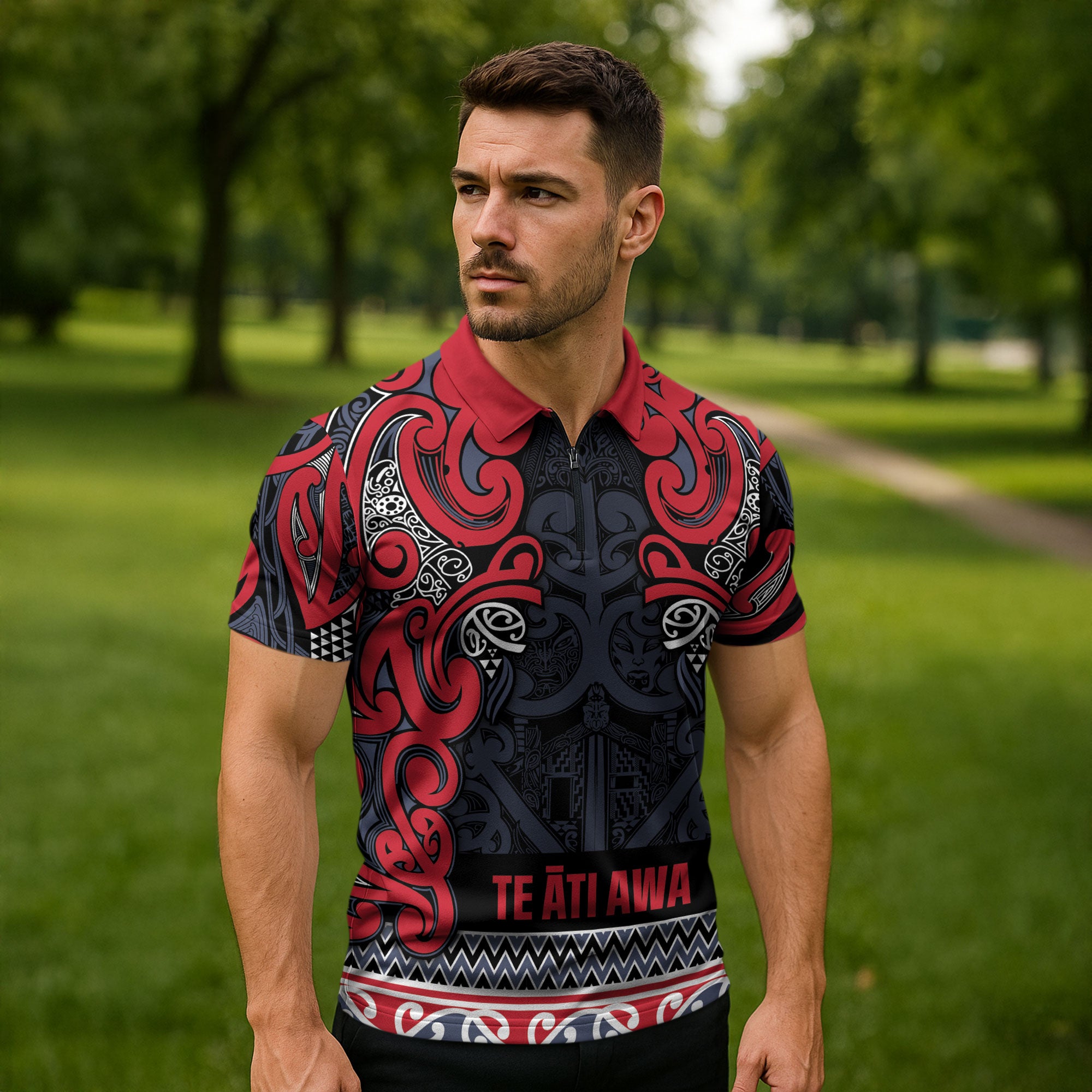 Aotearoa Iwi Te ati Awa Zipper Polo Shirt Maori Wharenui House Tribal Pattern