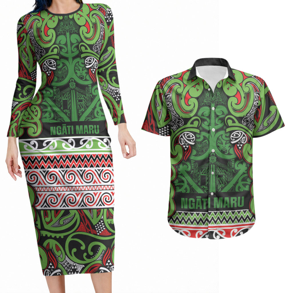 Aotearoa Iwi Ngati Maru Hauraki Couples Matching Long Sleeve Bodycon Dress and Hawaiian Shirt Maori Wharenui House Tribal Pattern