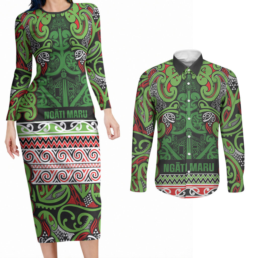 Aotearoa Iwi Ngati Maru Hauraki Couples Matching Long Sleeve Bodycon Dress and Long Sleeve Button Shirt Maori Wharenui House Tribal Pattern