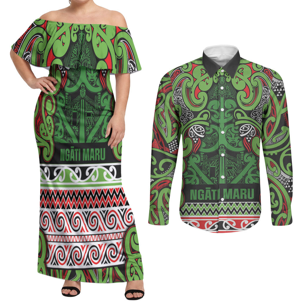 Aotearoa Iwi Ngati Maru Hauraki Couples Matching Off Shoulder Maxi Dress and Long Sleeve Button Shirt Maori Wharenui House Tribal Pattern