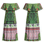 Aotearoa Iwi Ngati Maru Hauraki Couples Matching Off Shoulder Maxi Dress and Long Sleeve Button Shirt Maori Wharenui House Tribal Pattern