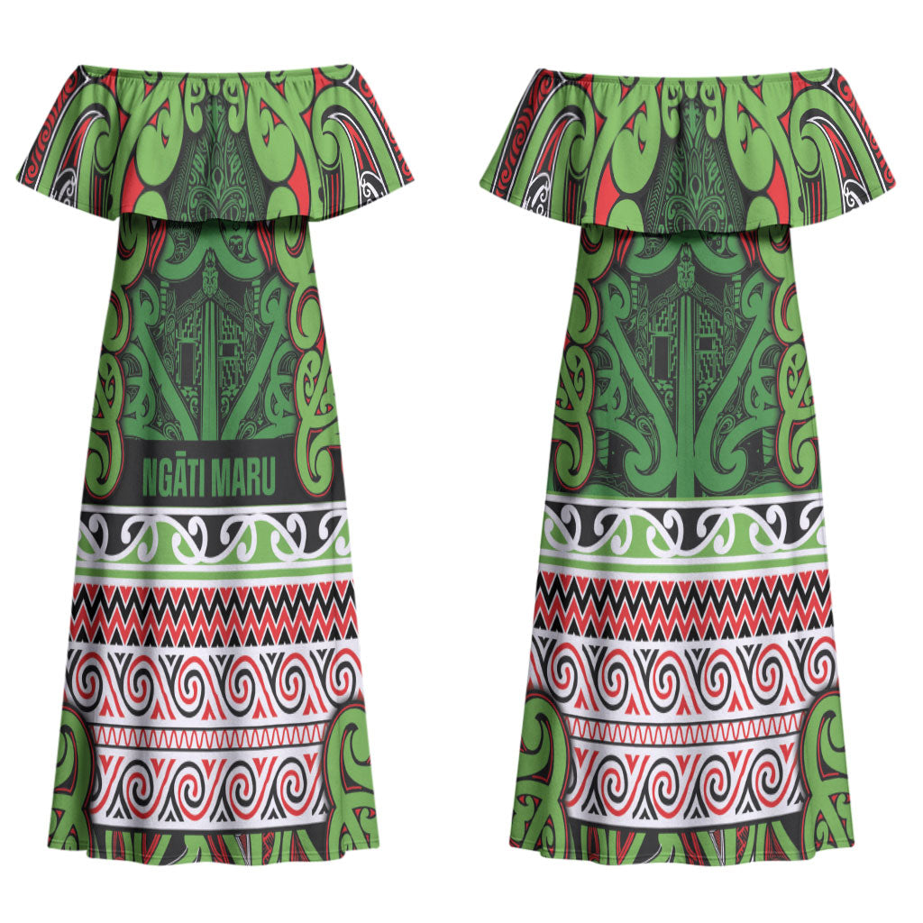 Aotearoa Iwi Ngati Maru Hauraki Couples Matching Off Shoulder Maxi Dress and Long Sleeve Button Shirt Maori Wharenui House Tribal Pattern