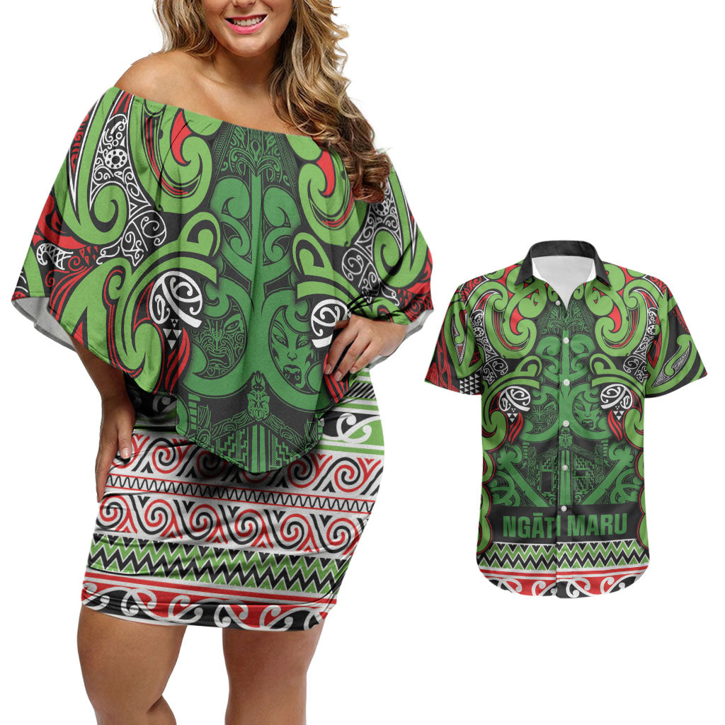 Aotearoa Iwi Ngati Maru Hauraki Couples Matching Off Shoulder Short Dress and Hawaiian Shirt Maori Wharenui House Tribal Pattern