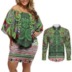 Aotearoa Iwi Ngati Maru Hauraki Couples Matching Off Shoulder Short Dress and Long Sleeve Button Shirt Maori Wharenui House Tribal Pattern