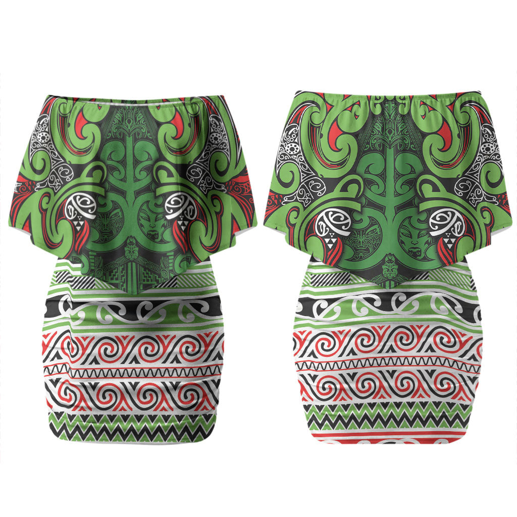 Aotearoa Iwi Ngati Maru Hauraki Couples Matching Off Shoulder Short Dress and Long Sleeve Button Shirt Maori Wharenui House Tribal Pattern