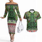 Aotearoa Iwi Ngati Maru Hauraki Couples Matching Off The Shoulder Long Sleeve Dress and Hawaiian Shirt Maori Wharenui House Tribal Pattern