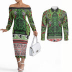 Aotearoa Iwi Ngati Maru Hauraki Couples Matching Off The Shoulder Long Sleeve Dress and Long Sleeve Button Shirt Maori Wharenui House Tribal Pattern