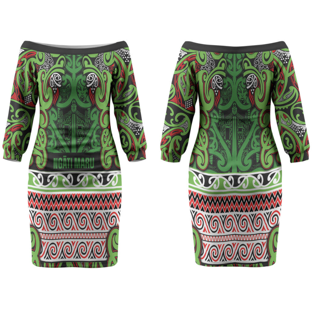 Aotearoa Iwi Ngati Maru Hauraki Couples Matching Off The Shoulder Long Sleeve Dress and Long Sleeve Button Shirt Maori Wharenui House Tribal Pattern
