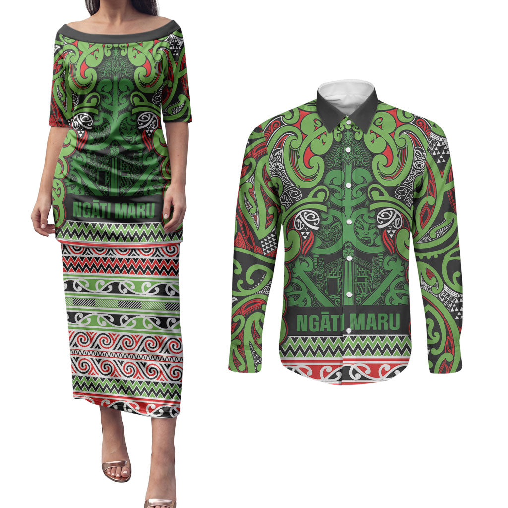 Aotearoa Iwi Ngati Maru Hauraki Couples Matching Puletasi and Long Sleeve Button Shirt Maori Wharenui House Tribal Pattern