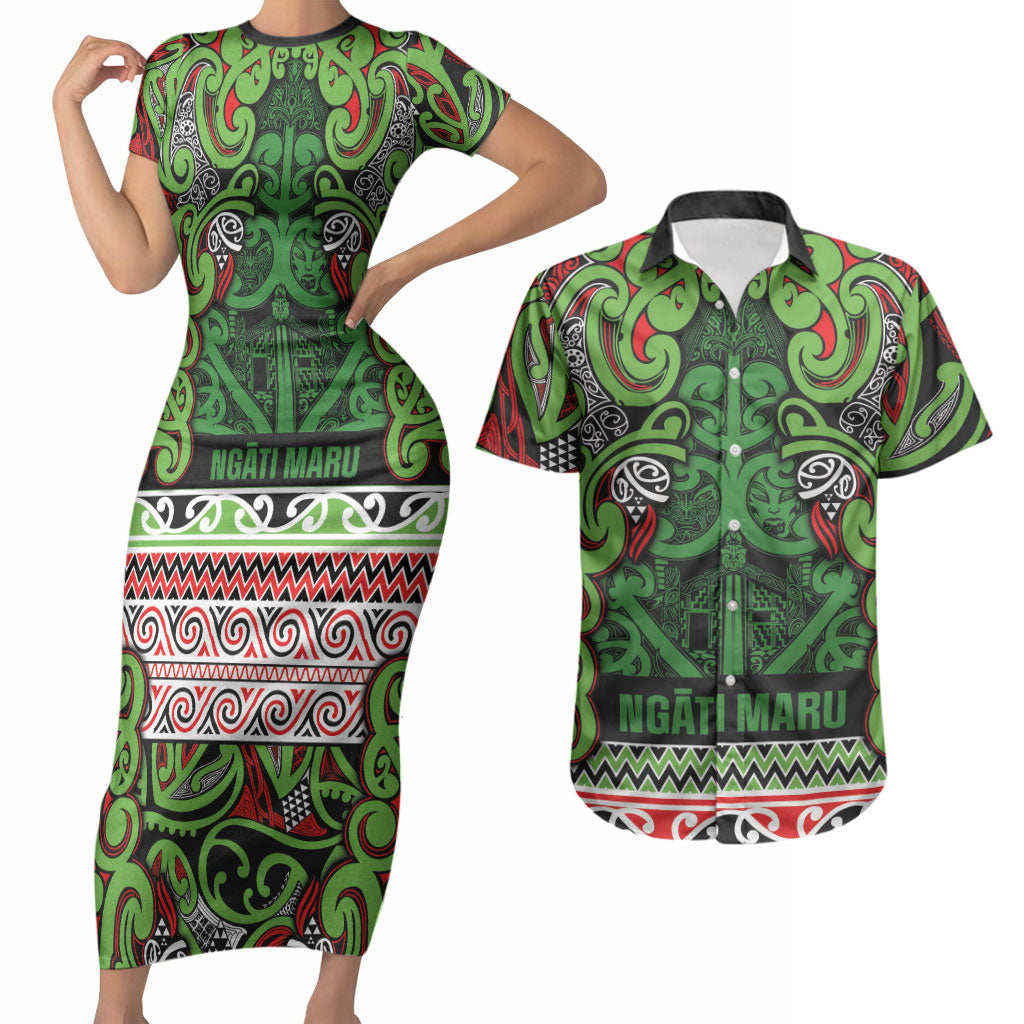 Aotearoa Iwi Ngati Maru Hauraki Couples Matching Short Sleeve Bodycon Dress and Hawaiian Shirt Maori Wharenui House Tribal Pattern
