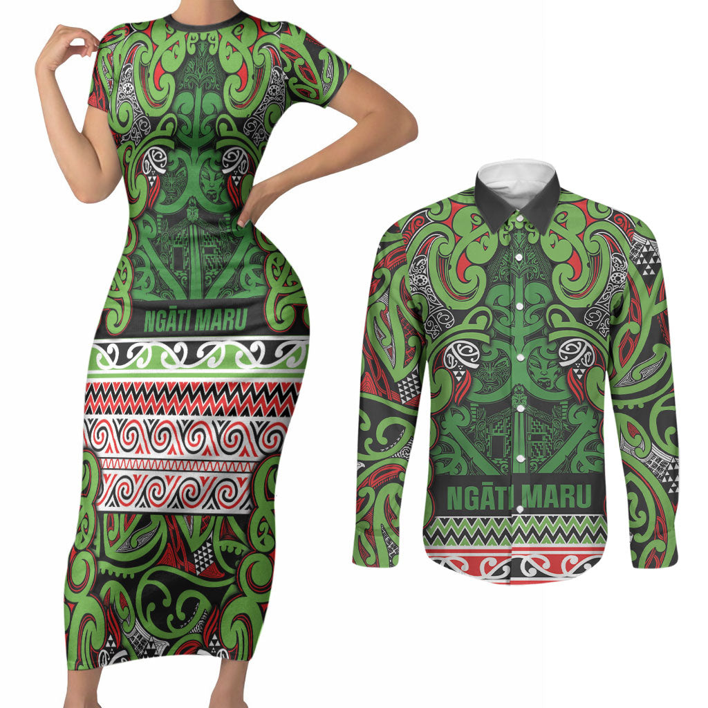 Aotearoa Iwi Ngati Maru Hauraki Couples Matching Short Sleeve Bodycon Dress and Long Sleeve Button Shirt Maori Wharenui House Tribal Pattern