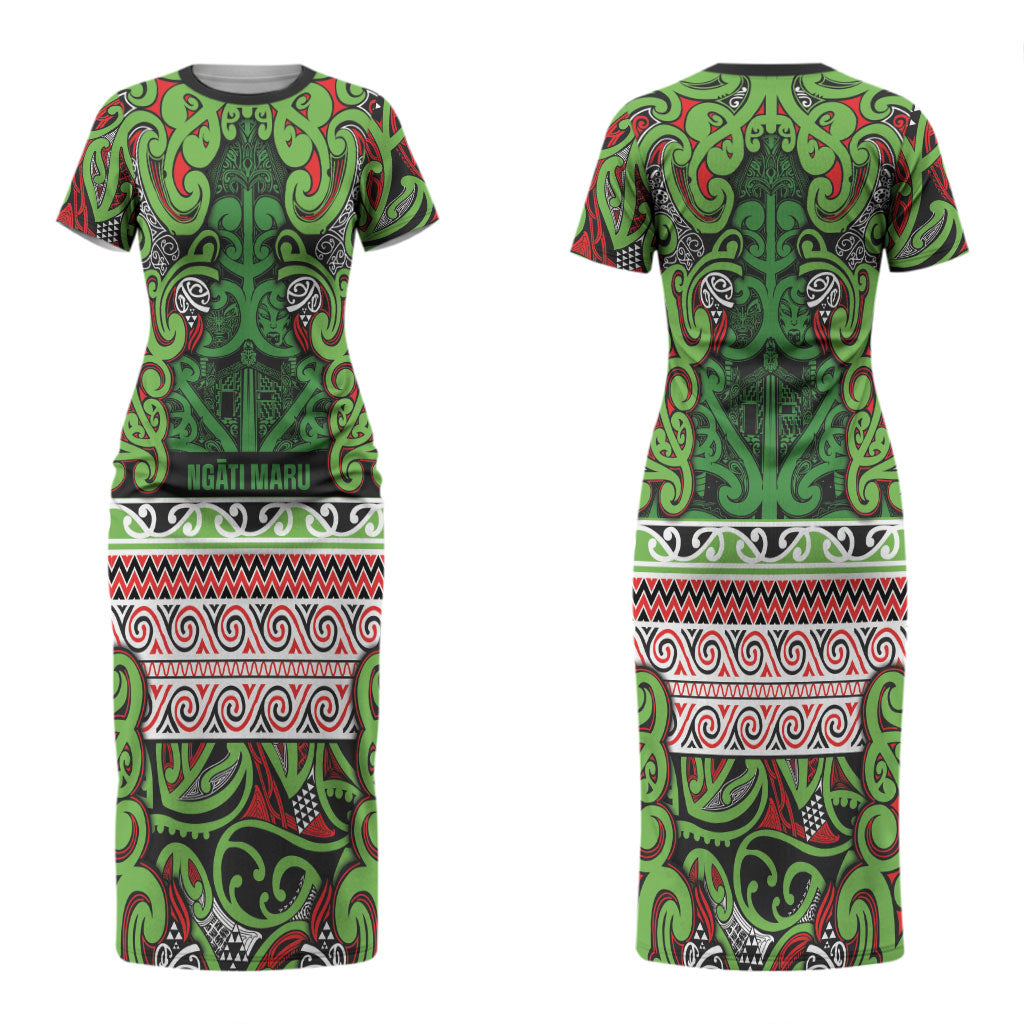 Aotearoa Iwi Ngati Maru Hauraki Couples Matching Short Sleeve Bodycon Dress and Long Sleeve Button Shirt Maori Wharenui House Tribal Pattern