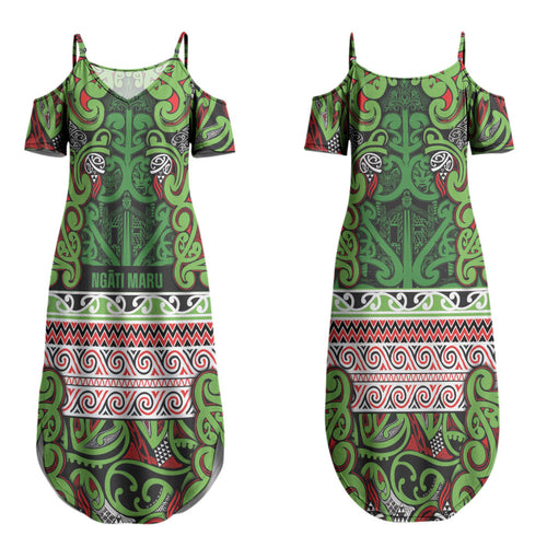 Aotearoa Iwi Ngati Maru Hauraki Couples Matching Summer Maxi Dress and Long Sleeve Button Shirt Maori Wharenui House Tribal Pattern