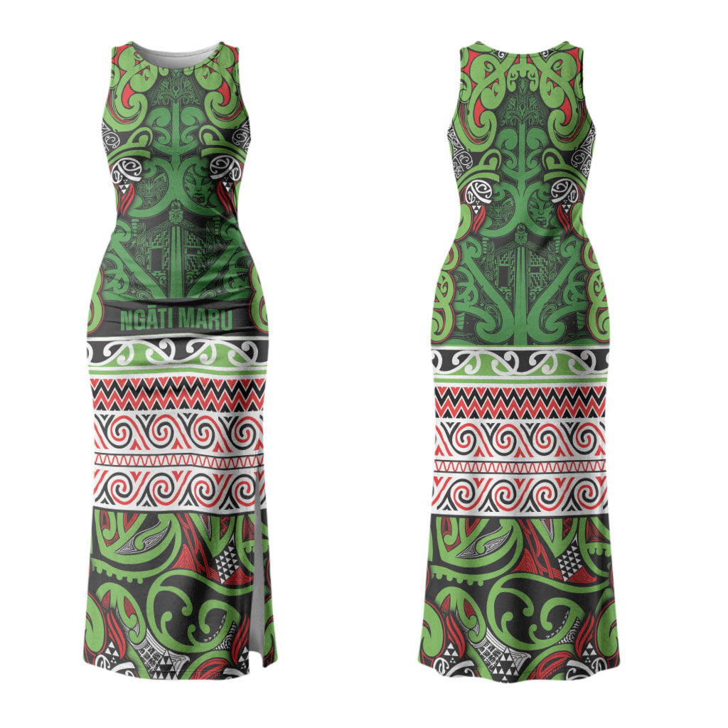 Aotearoa Iwi Ngati Maru Hauraki Couples Matching Tank Maxi Dress and Long Sleeve Button Shirt Maori Wharenui House Tribal Pattern