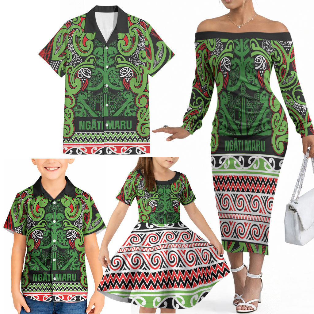 Aotearoa Iwi Ngati Maru Hauraki Family Matching Off The Shoulder Long Sleeve Dress and Hawaiian Shirt Maori Wharenui House Tribal Pattern