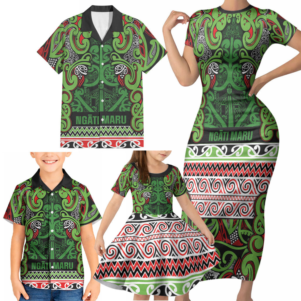 Aotearoa Iwi Ngati Maru Hauraki Family Matching Short Sleeve Bodycon Dress and Hawaiian Shirt Maori Wharenui House Tribal Pattern