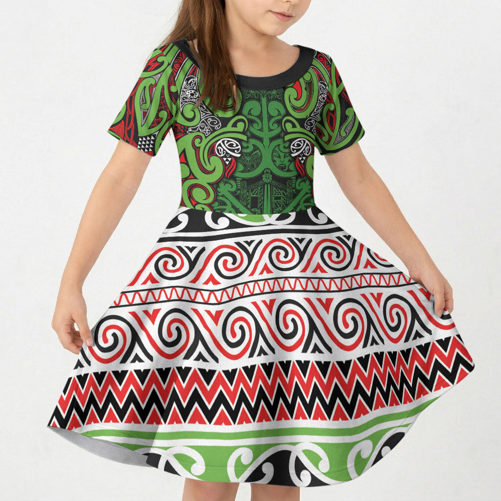 Aotearoa Iwi Ngati Maru Hauraki Kid Short Sleeve Dress Maori Wharenui House Tribal Pattern