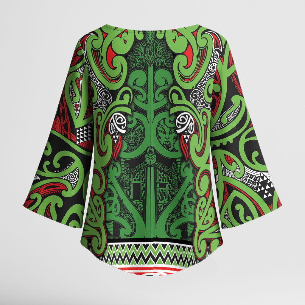Aotearoa Iwi Ngati Maru Hauraki Kimono Sleeve Blouse Maori Wharenui House Tribal Pattern