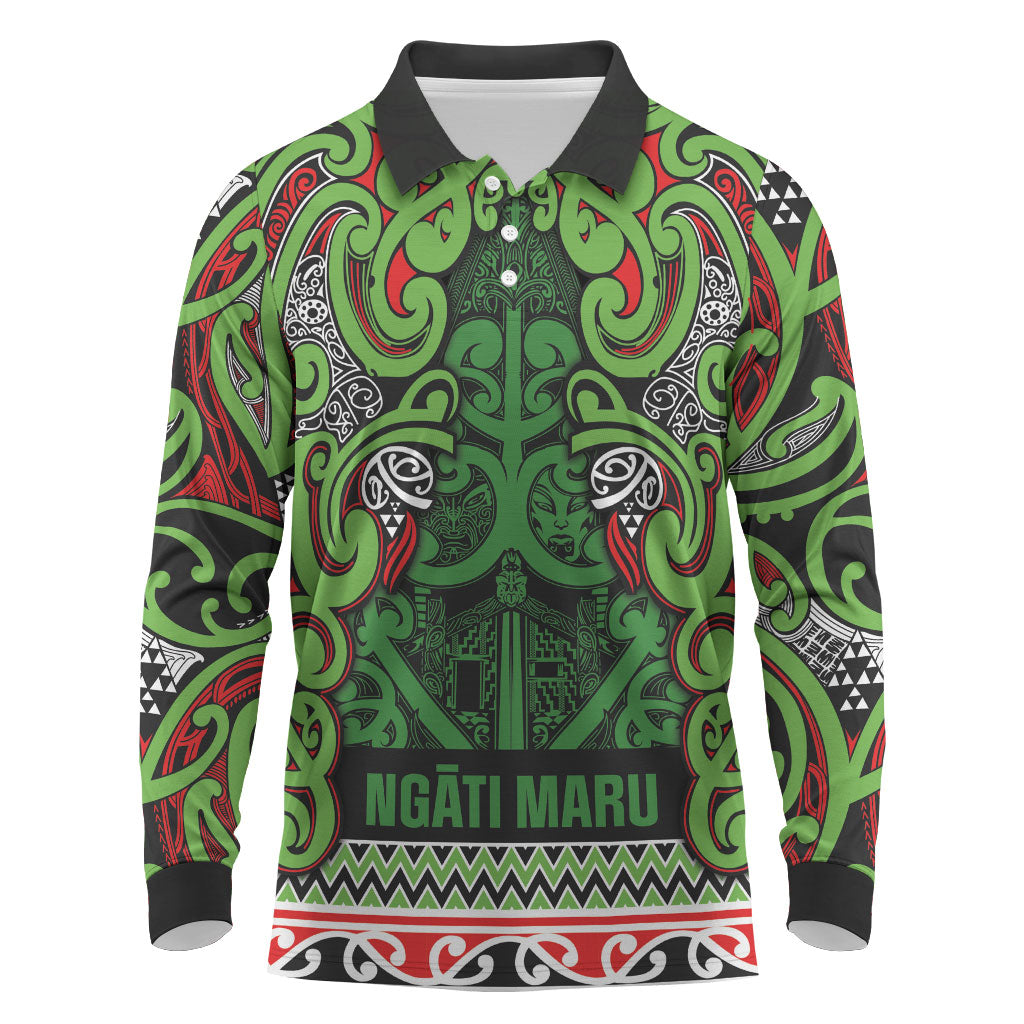Aotearoa Iwi Ngati Maru Hauraki Long Sleeve Polo Shirt Maori Wharenui House Tribal Pattern