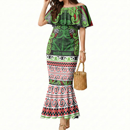 Aotearoa Iwi Ngati Maru Hauraki Mermaid Dress Maori Wharenui House Tribal Pattern
