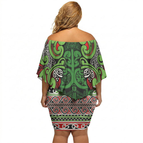 Aotearoa Iwi Ngati Maru Hauraki Off Shoulder Short Dress Maori Wharenui House Tribal Pattern
