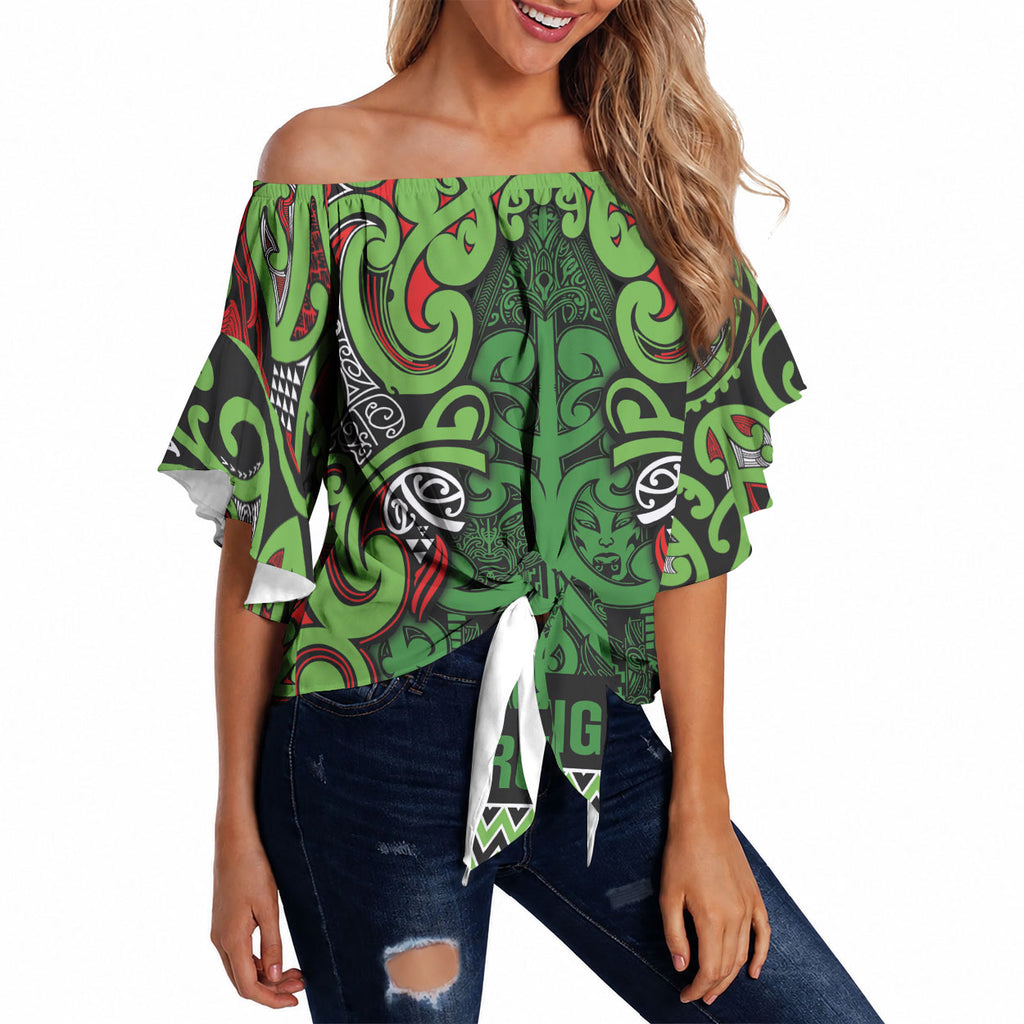 Aotearoa Iwi Ngati Maru Hauraki Off Shoulder Wrap Waist Top Maori Wharenui House Tribal Pattern