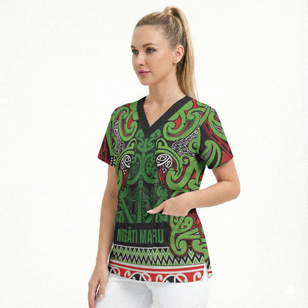 Aotearoa Iwi Ngati Maru Hauraki Scrub Top Maori Wharenui House Tribal Pattern