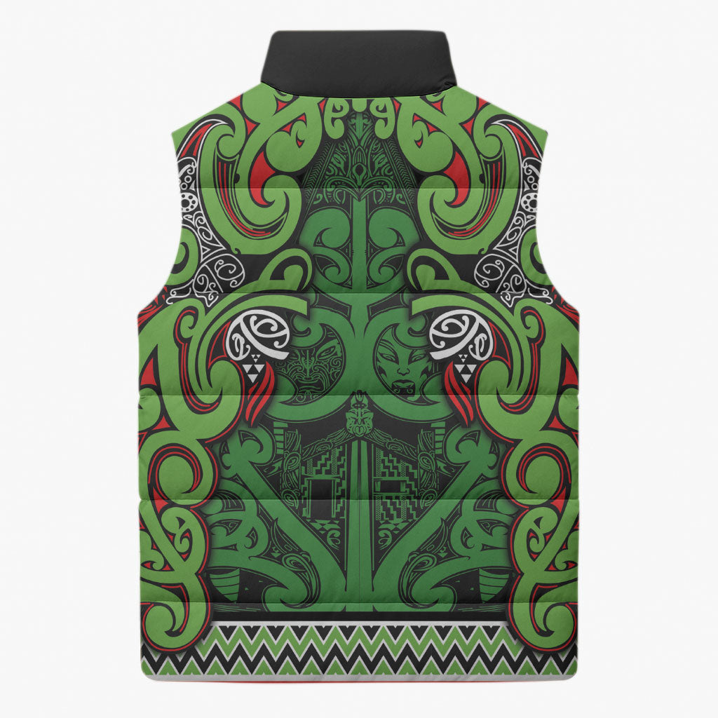 Aotearoa Iwi Ngati Maru Hauraki Sleeveless Puffer Jacket Maori Wharenui House Tribal Pattern