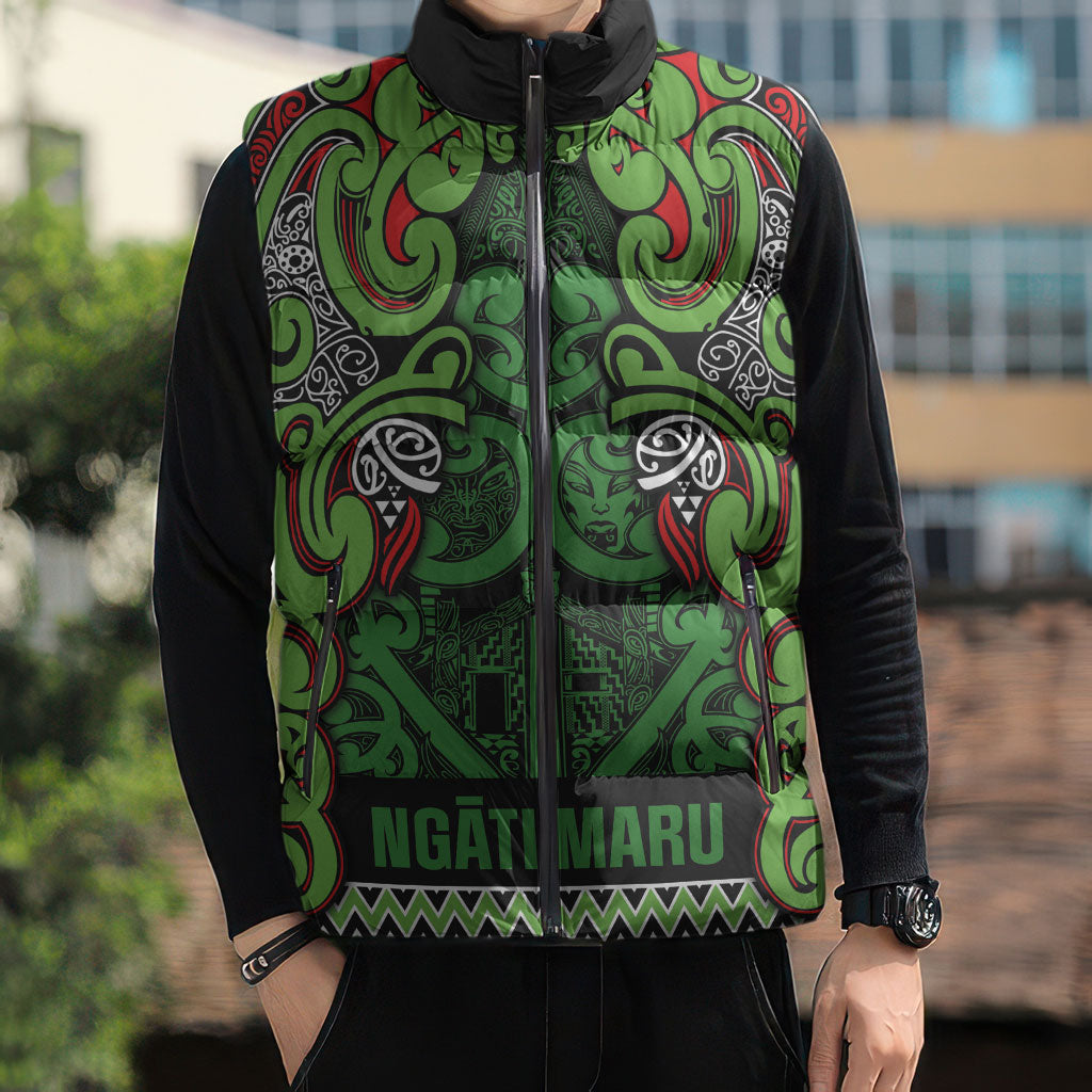 Aotearoa Iwi Ngati Maru Hauraki Sleeveless Puffer Jacket Maori Wharenui House Tribal Pattern