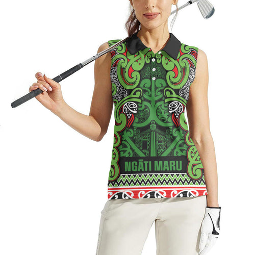 Aotearoa Iwi Ngati Maru Hauraki Women Sleeveless Polo Shirt Maori Wharenui House Tribal Pattern