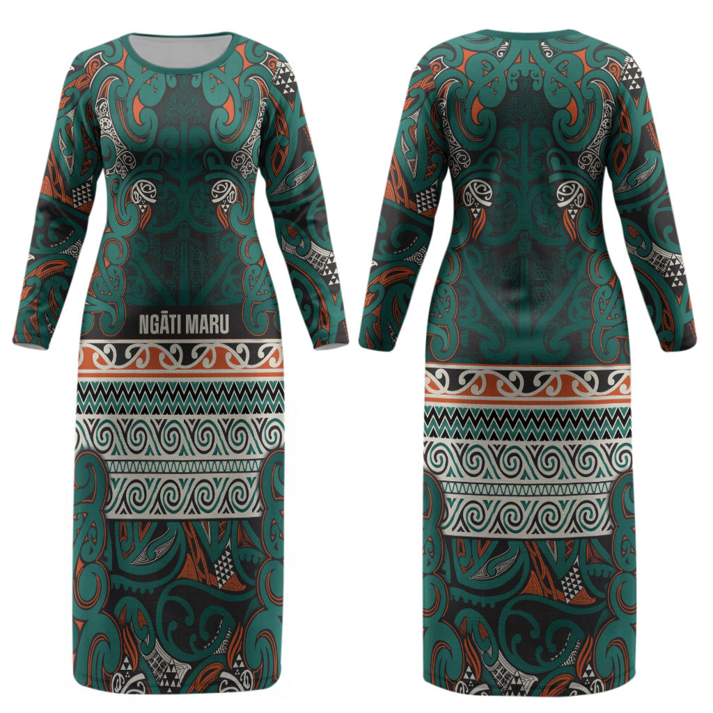 Aotearoa Iwi Ngāti Maru Taranaki Couples Matching Long Sleeve Bodycon Dress and Hawaiian Shirt Maori Wharenui House Tribal Pattern