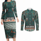 Aotearoa Iwi Ngāti Maru Taranaki Couples Matching Long Sleeve Bodycon Dress and Long Sleeve Button Shirt Maori Wharenui House Tribal Pattern