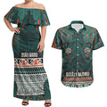 Aotearoa Iwi Ngāti Maru Taranaki Couples Matching Off Shoulder Maxi Dress and Hawaiian Shirt Maori Wharenui House Tribal Pattern