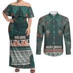 Aotearoa Iwi Ngāti Maru Taranaki Couples Matching Off Shoulder Maxi Dress and Long Sleeve Button Shirt Maori Wharenui House Tribal Pattern