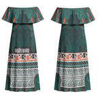 Aotearoa Iwi Ngāti Maru Taranaki Couples Matching Off Shoulder Maxi Dress and Long Sleeve Button Shirt Maori Wharenui House Tribal Pattern